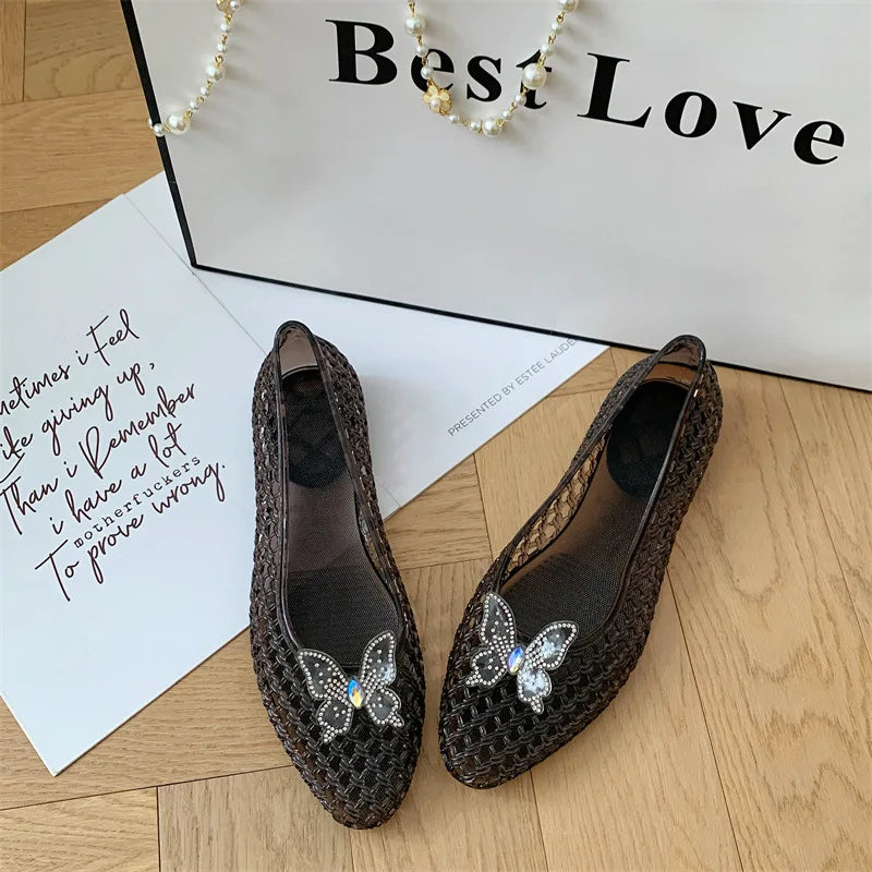 Fashion Crystal Butterfly Jelly Sandals Clear Sequin Outdoor Beach Flat Shoes Causal Comfort Vacation Mesh Breathable Footwears