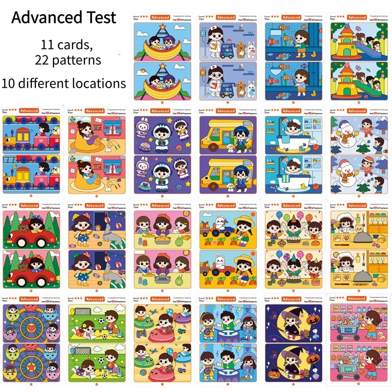Find Differences Card Game Reusable Cartoon Educational Puzzle for Kids Three Difficulty Levels for Focus Attention Training