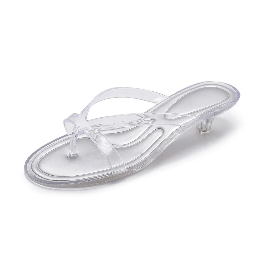 Glam Sheer Heeled Jelly Thong Sandals Women's Transparent Strap Square Toe Kitten Heels Woman Trendy Flip Flops Night Out Shoes