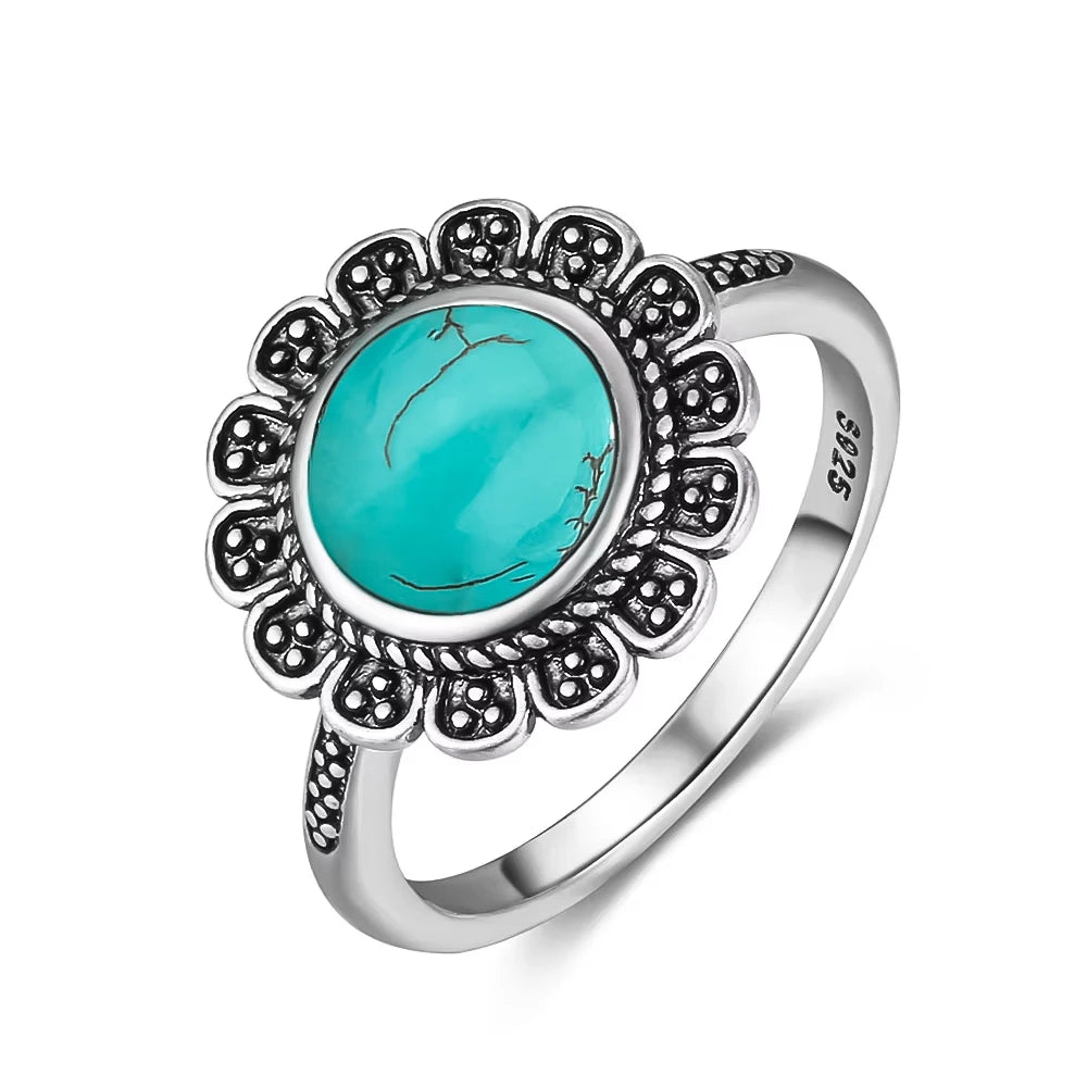 S925 Sterling Silver Ring Vintage Ring Gemstone Ring Silver Fine Jewelry Natural Turquoise Rings