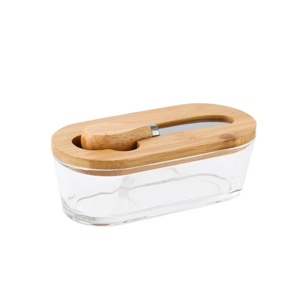 Durable Oval Shape Glass Butter Box Visible Fresh-keeping Butter Dish With Lid and Spatula Transparent Butter Container Baking