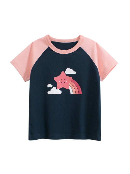 1-9T Star Print Girls T Shirt Cotton Tee Top Summer Toddler Kid Baby Clothes Rainbow Tshirt for Childrens Loose Outfit
