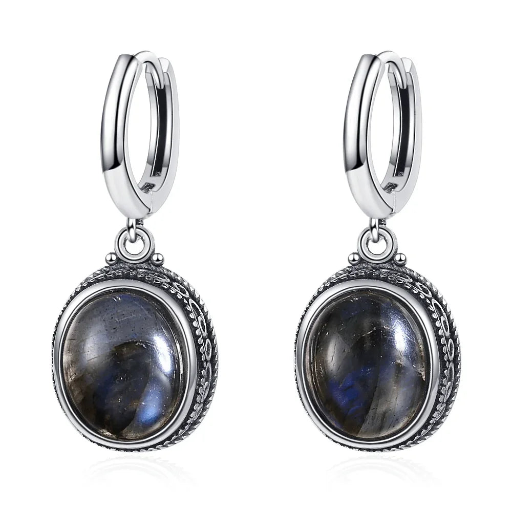 S925 Silver Earring Oval Emperor Stone Hoop Earrings for Women Retro Moonstone Party Dainty Jewelry Birthday Gift