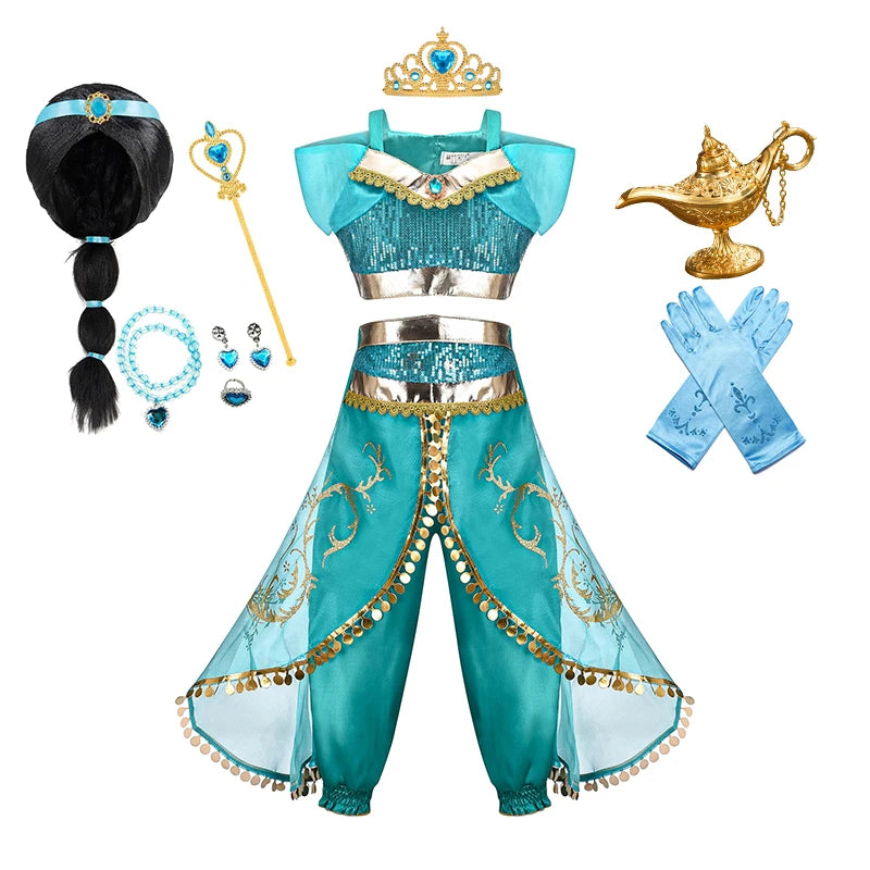 Jasmine Princess Dress for Girls Cosplay Aladdin Magic Lamp Costume Kids Halloween Birthday Carnival Party Vestidos 2-10T Outfit