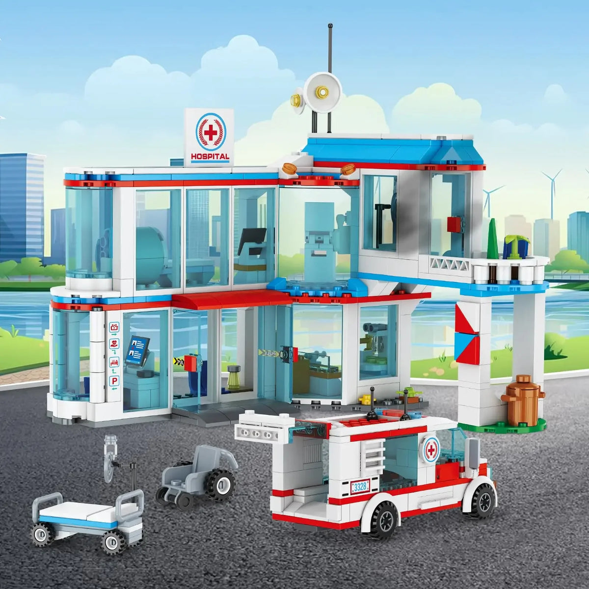 3 In1 Hospital Building Blocks Toy STEM Sets City Police Office Airport Center Fire Truck Car Bus Bricks Toy for Adult Boys Gift