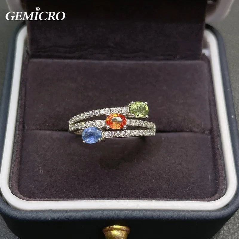 Gemicro Natural Colorful Sapphire Rings with Stones of 3X4mm and S925 Sterling Silver for Women Gifts and Birthstone Gem Jewelry