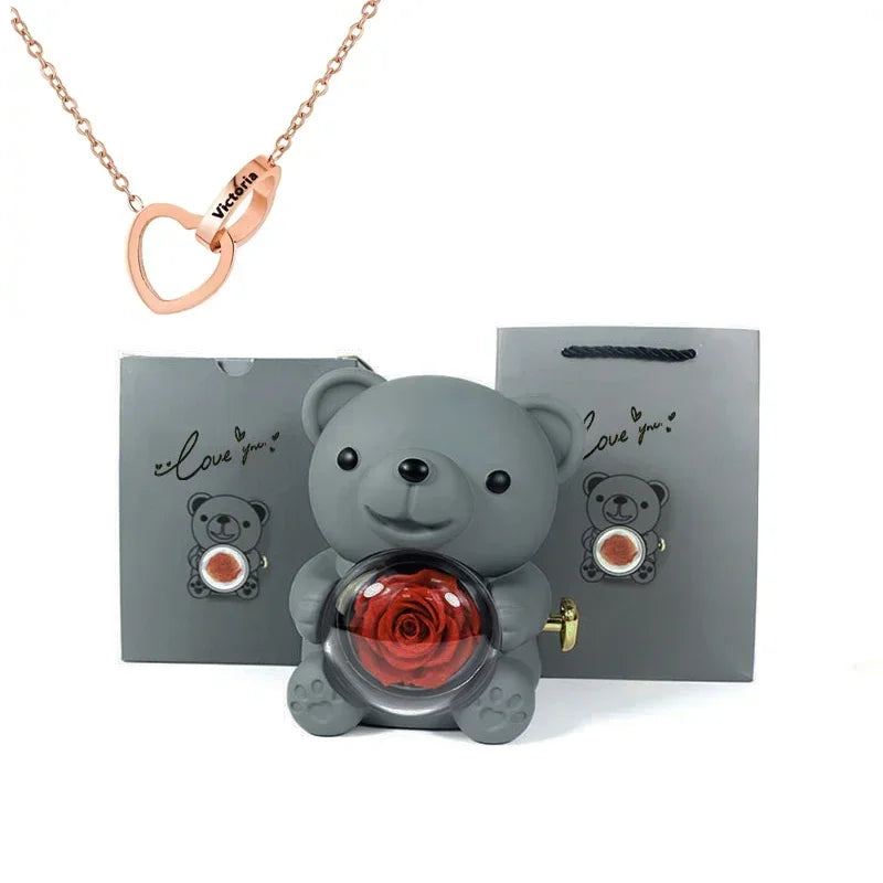 Mini Delicate Heart Engraved Necklace Lovely Bear Jewelry Boxes Valentine's Day Mother Day Birthday Gift Paper Bag Set