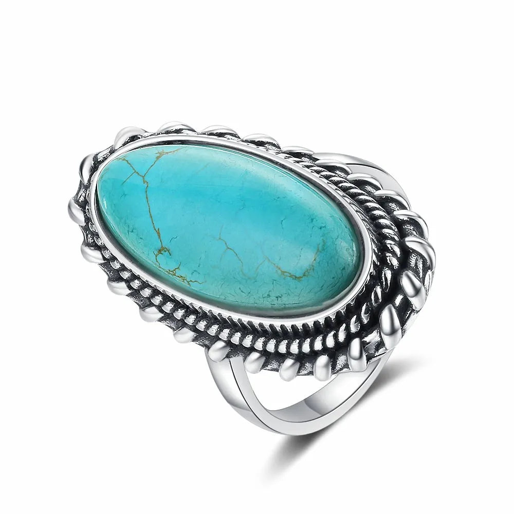 S925 Silver Oval Natural Turquoise Rings for Men Women Silver Fine Jewelry