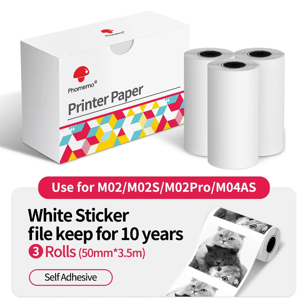 Thermal Paper Original Phomemo Sticker 3 Rolls fit M02 M02S M02 Pro Thermal  Printer Mini Thermal Photo Sticker