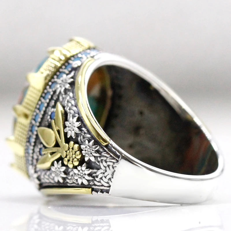 S925 Silver Natural Oyster Turquoise Hip Hop Türkiye Handmade Men's Ring Women's Luxury Jewelry Party Couple's Birthday Gift