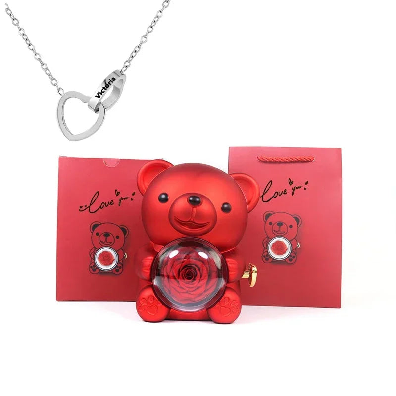 Mini Delicate Heart Engraved Necklace Lovely Bear Jewelry Boxes Valentine's Day Mother Day Birthday Gift Paper Bag Set