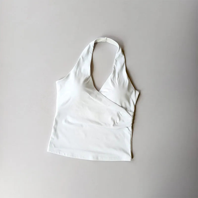 Sexy V-neck Cross Halter Neck with Chest Pad Yoga Vest Sleeveless Naked Sense Sports Fitness Bras Top Outer Wear Beautiful Back