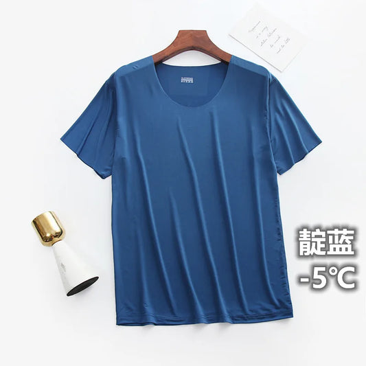 Summer Ultra-thin Sleep Tops Liquid Ice Silk Round Neck High-elastic Leisure Home Cooling Bottom Tshirts Lightweight Pajama Top