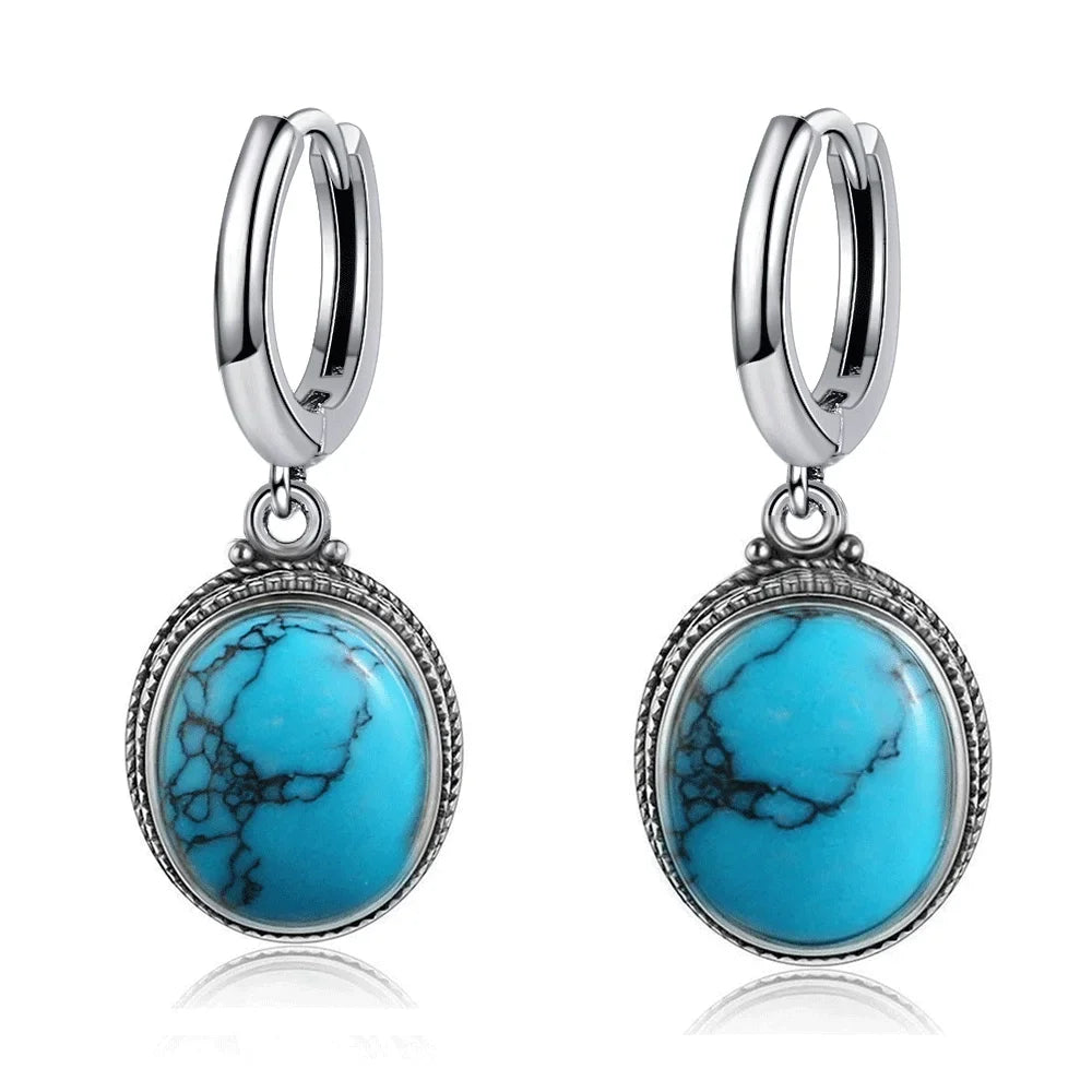 S925 Silver Earring Oval Emperor Stone Hoop Earrings for Women Retro Moonstone Party Dainty Jewelry Birthday Gift