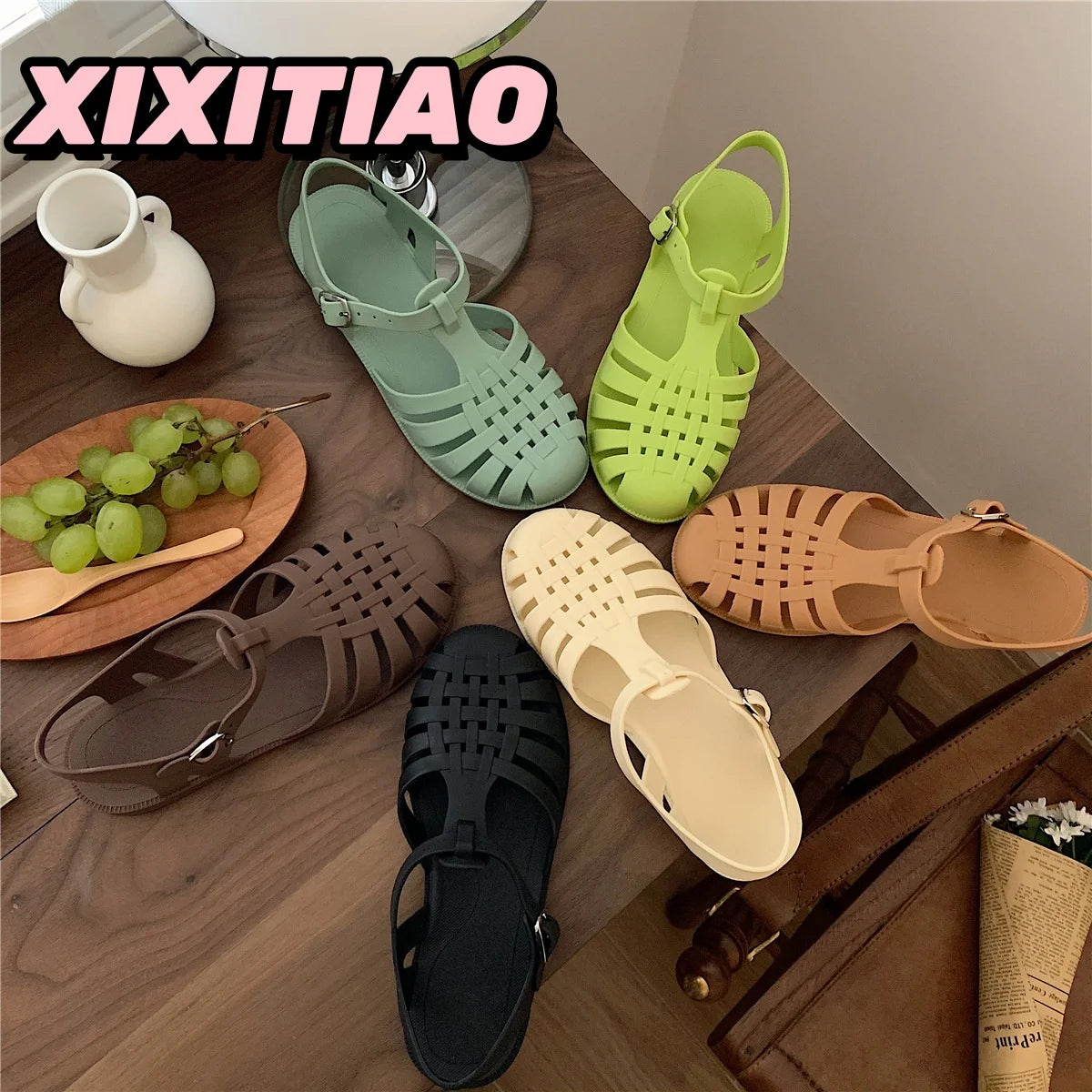 XIXITIAO Vintage Hollow Woven Roman Sandals Women Summer Korean-style INS Fairy Flat Closed-toe Jelly Beach Shoes