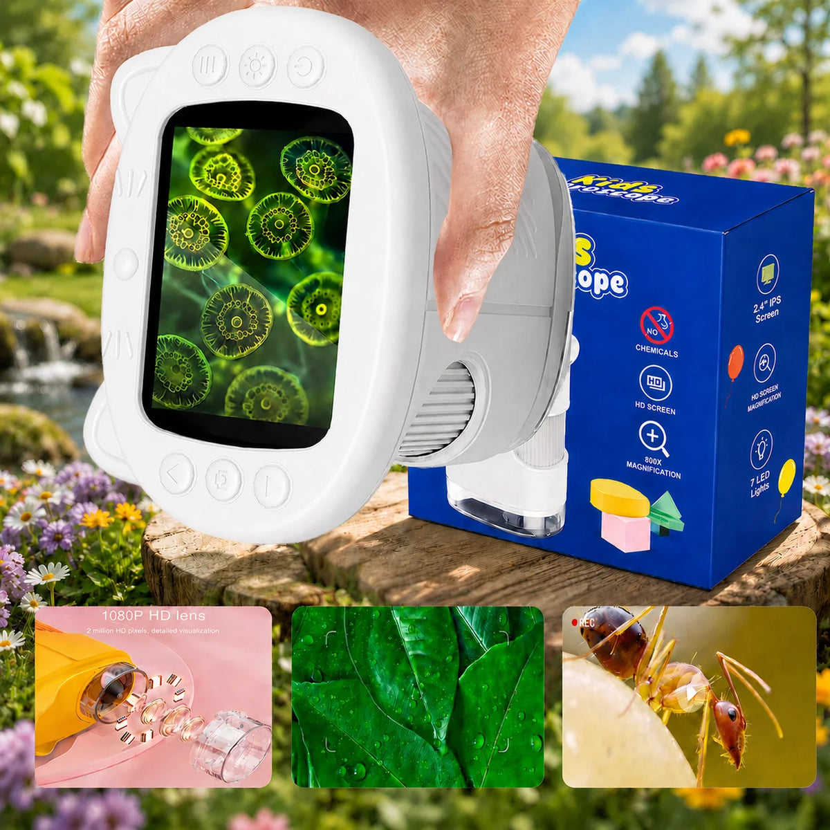 1000X Kids Digital Microscope 2.4" IPS Screen Portable Handheld Microscope Photo&Video 8LED STEM Science Toy Gift for Boys Girls