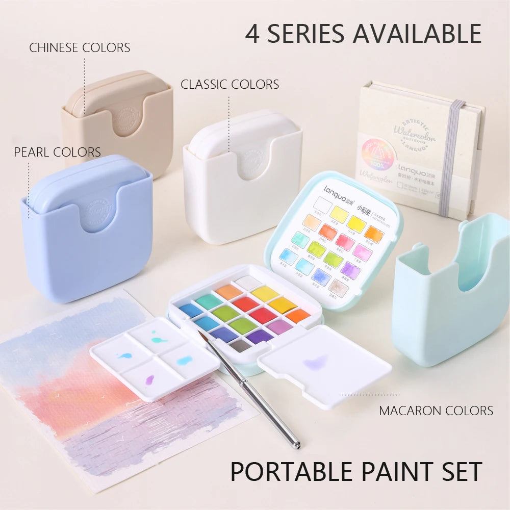 Mini Solid Watercolor Paint Set – 16 Colors with Brush & Palette for Travel