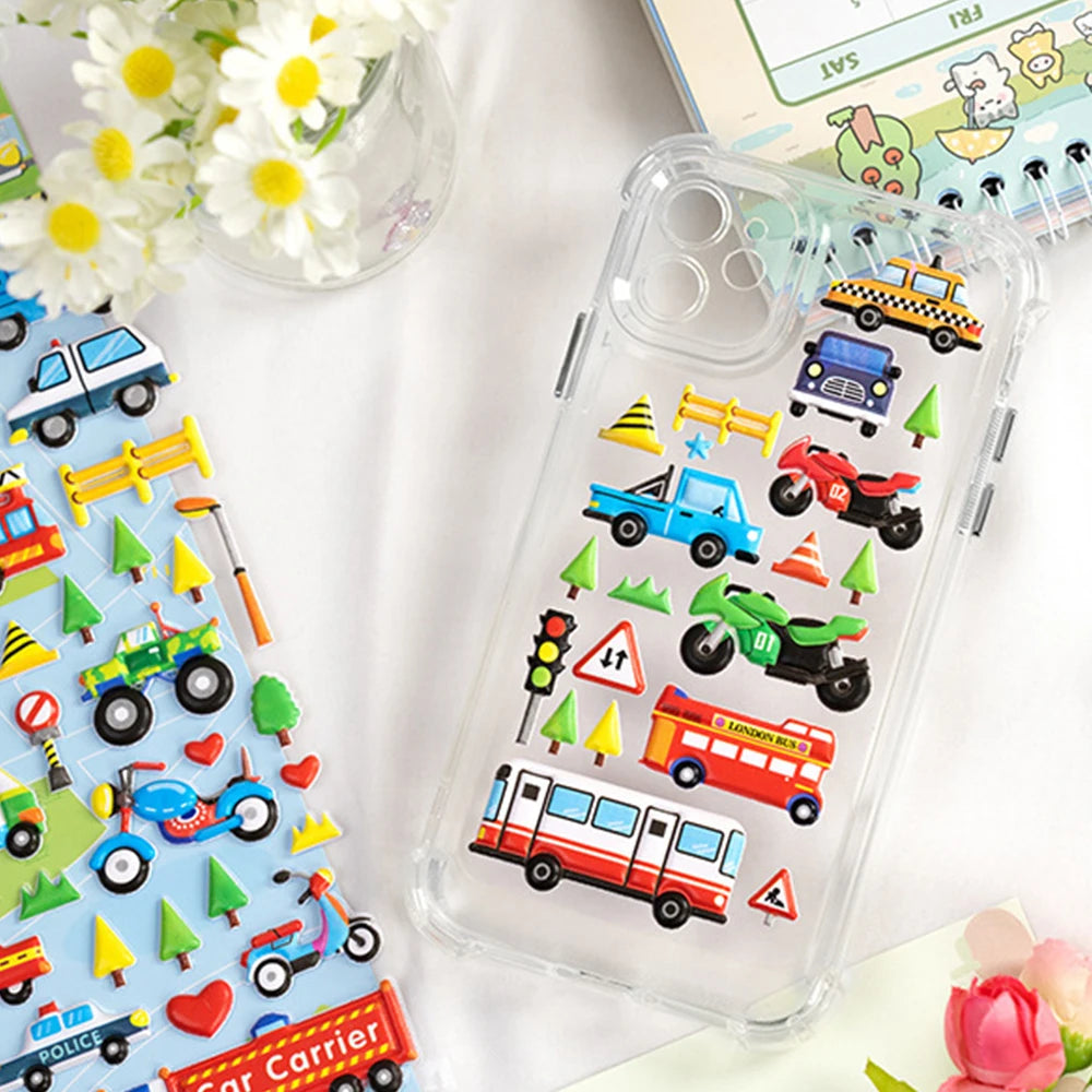 6Sheets 3D Bubble Sticker Car Truck Dinosaurs Marine Animals Cartoon Decals WaterproofKids Funny Educational Decals Toys