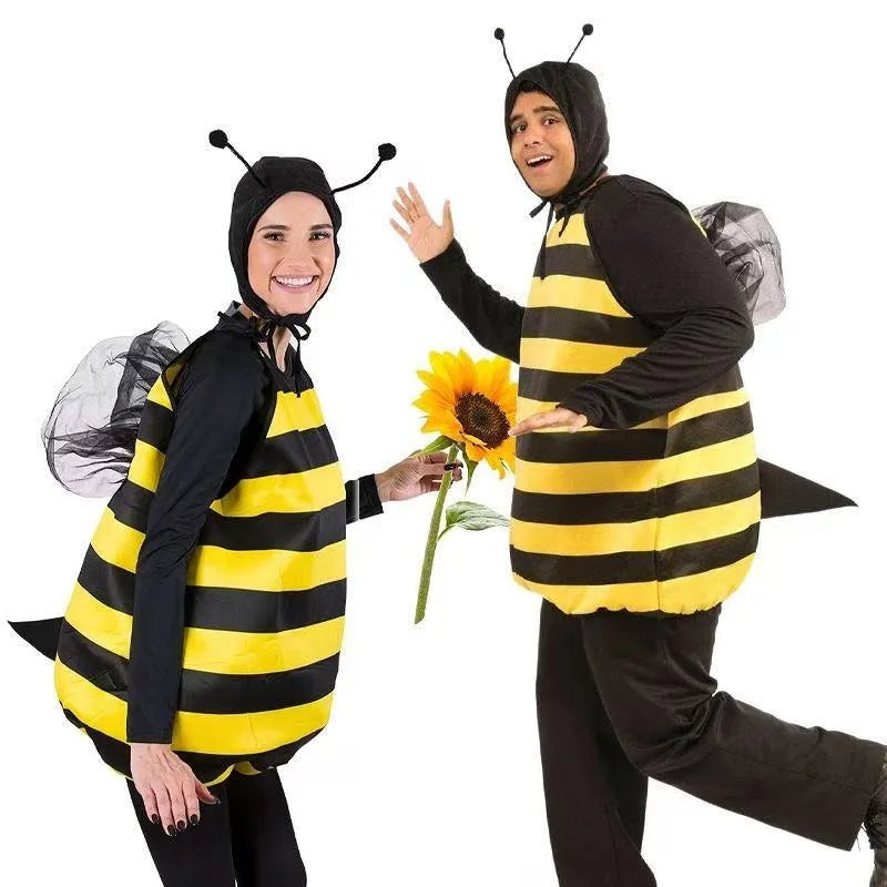 Adults Kids Bee Cosplay Costume Striped Patchwork Suit Wings Hat with Antennae Halloween Funny Animal Family Party Outfit