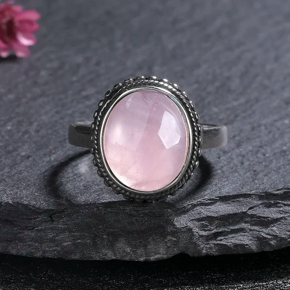 S925 Sterling SilverRing for Women Oval Round Natural Rose Quartz Ring Gift Sun Shaped Retro Luxury Fashion Fine Jewelry