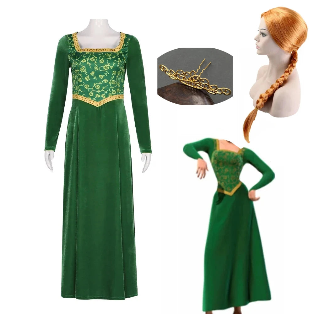 Princess Fiona Cosplay Costume Anime Shrek Wife Green Fiona Cos Dress Wigs Outfit ForLadies Women Long Dress Halloween Headgear