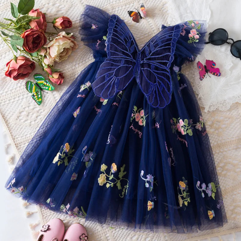 Summer Baby Girl Butterfly Wing Princess Dress Floral Embroidery Sleeveless Gauze Dress Girl Wedding Party Costume Nine Colors