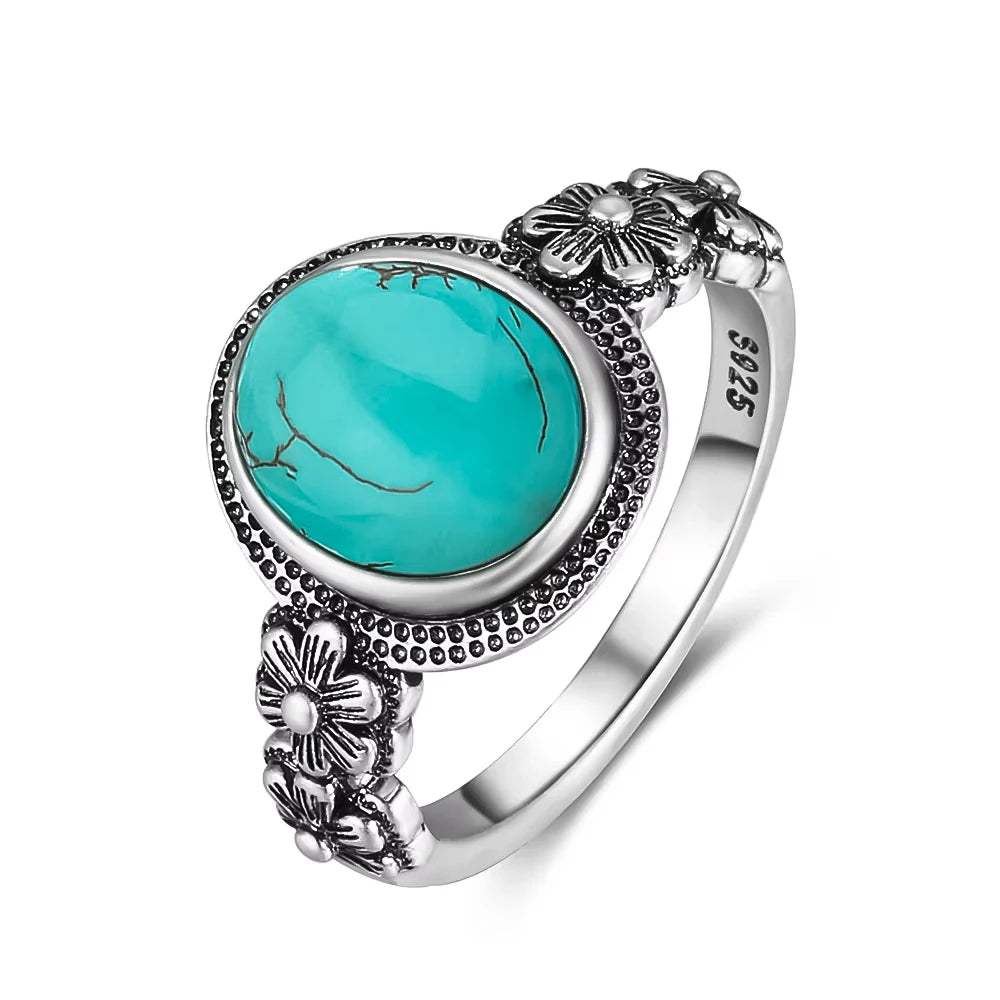 S925 Sterling Silver Ring Vintage Ring Gemstone Ring Silver Fine Jewelry Natural Turquoise Rings