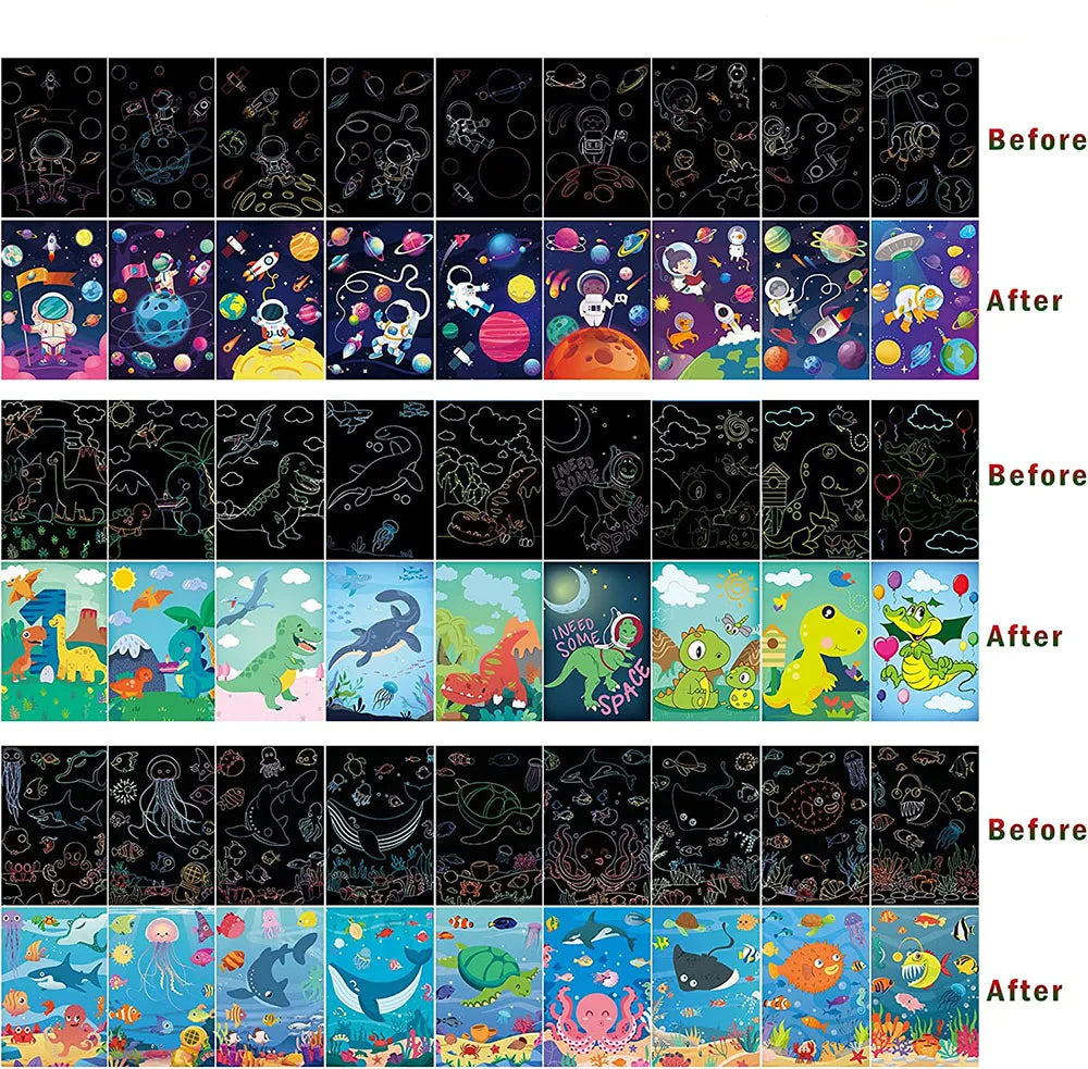 Children Scratch Painting Set Magic Rainbow Colors Scratch Art Painting Card Books Early Education Template Drawing Toys For Kid