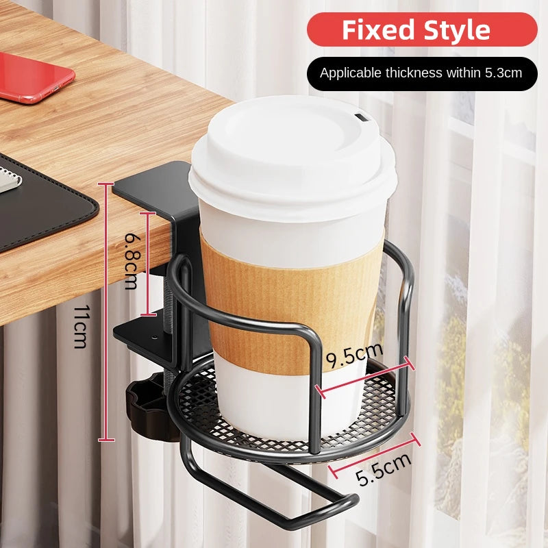 2 in 1 Desk Cup Holder with Headphone Hanger Holder, Anti-Spill Clip-On Table Cup Hook with 360° Rotation for Office Home Table