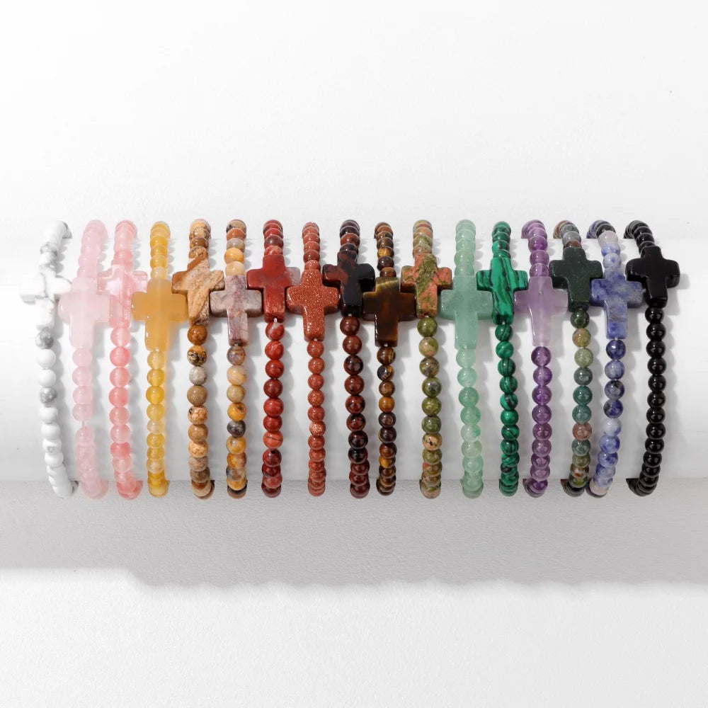 Trendy 4mm Beads Bracelet Stone Cross Charms Bracelet For Women Natural Gems Crystal Bangles Handmade Jewelry Men Yoga Prayer