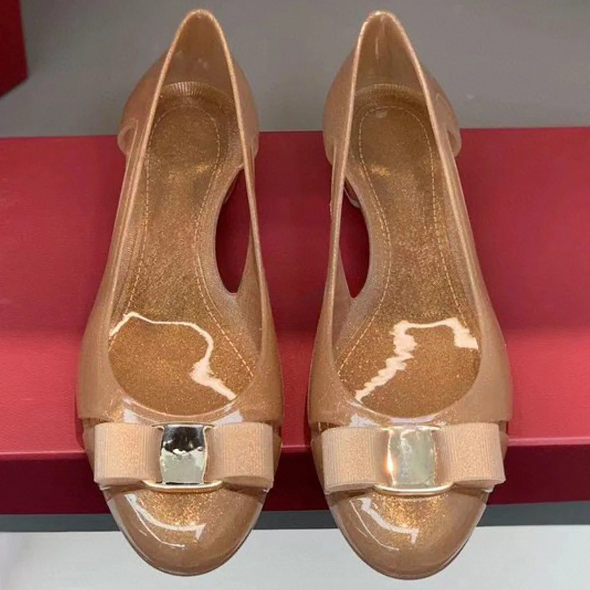 2026 Women's Jelly Round Toe Bowknot Flat Shoes, Elegant Cutout Slip-On Sandals for Summer Daily & Vacation YYT26042102