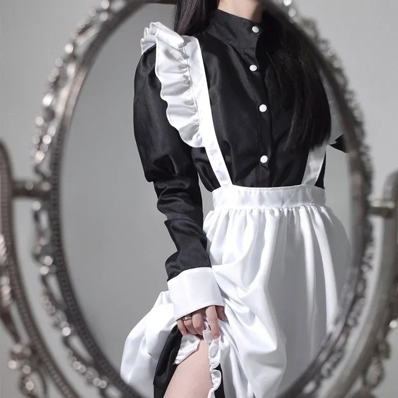 Japanese Style Maid Outfit Black White Long Dress Lolita Unisex Men Women Halloween Costume Uniform Full Set Adults Plus Size
