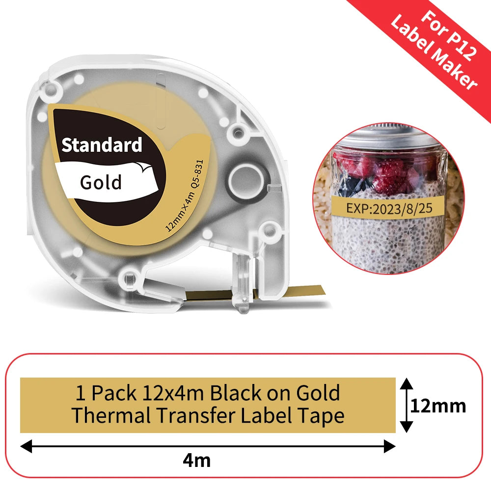P12 Label Tape Compatible with Dymo LetraTag 200B Refills LT-100H Label Replacement for Phomemo P12 PRO Label Maker 12mm x 4m