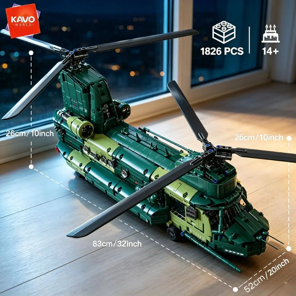 KAVOWORLD 1826pcs 32inch Heavy Transport Helicopter Building Block Model Airplane Toy Set Easy DIY Assembly Aircraft Building Bricks Model Tandem Rotor Construction Kit Display Toy As Halloween Christmas Thanksgiving New Year'S Day Gifts Cool Toys for Men