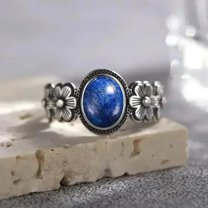 Vintage S925 Sterling Silver Rose Flower Ring With Oval 8*10mm Natural Moonstone Sweet Ring Fine Jewelry For Woman