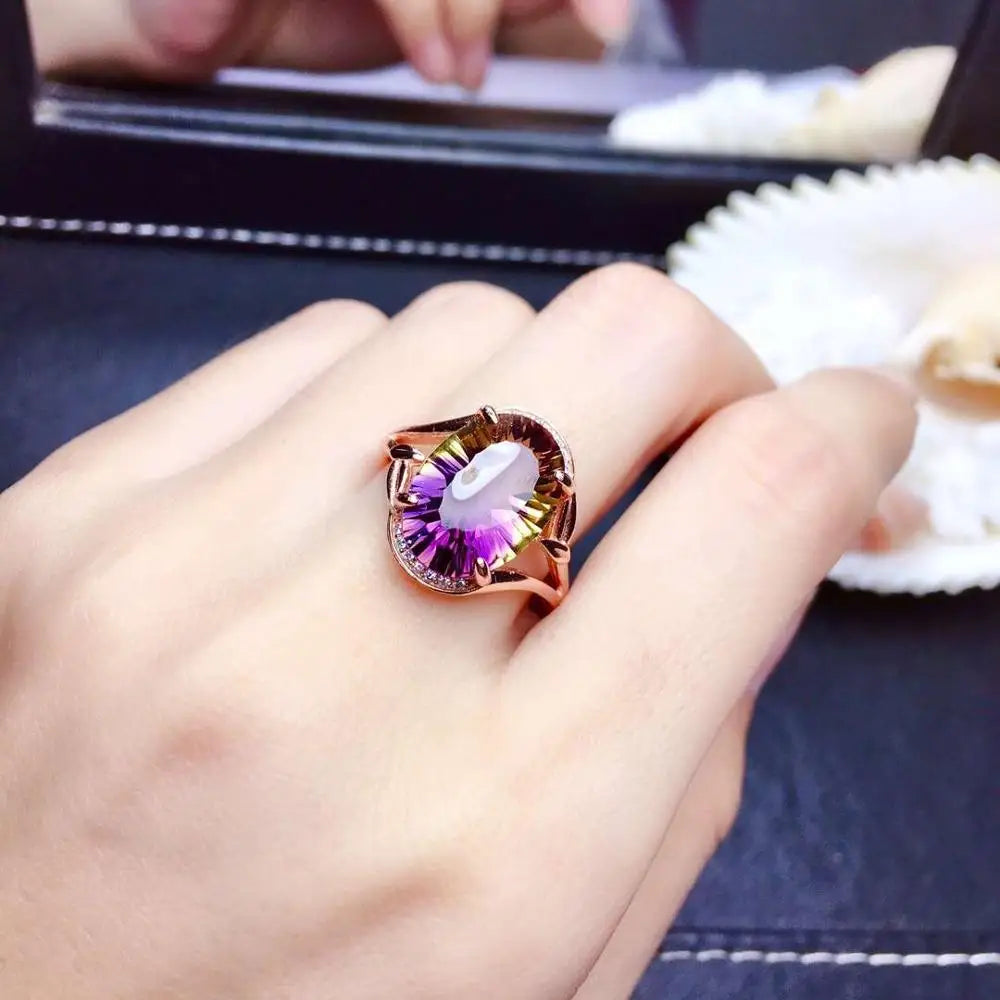 FS 10*14mm Natural Ametrine Ring Real S925 Sterling Silver Fine Fashion Charm Wedding Jewelry With Certificate for Women MeiBaPJ