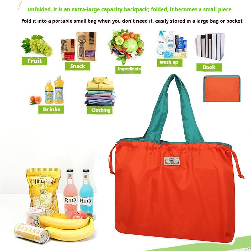 Large Capacity Reusable Shopping Bag Fashion Eco-Friendly Drawstring Grocery Bag Casual Travel Waterproof Shoulder Handbag