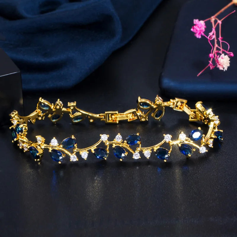 Pera Natural Royal Women Jewelry Silver Color Dark Blue CZ Crystal Leaf Chain Link Bracelets and Bangles for Party Gift B042