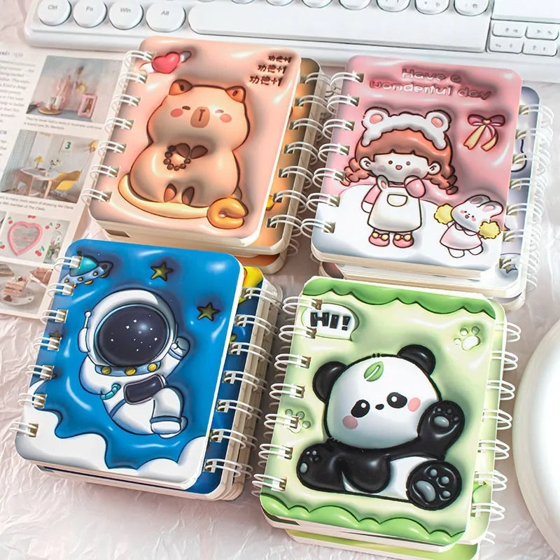 3D Cover Puff A7 Notebook for Students, High-Aesthetic Spiral Mini Journal, Portable Notepad for School Office Capybara Panda