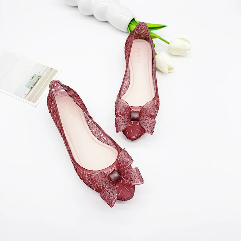 Resillee Women's Hollow Out Jelly Shoes Breathable Rubber Flat Sandals with Bow Knot, Closed Toe Slip On Waterproof Summer Beach