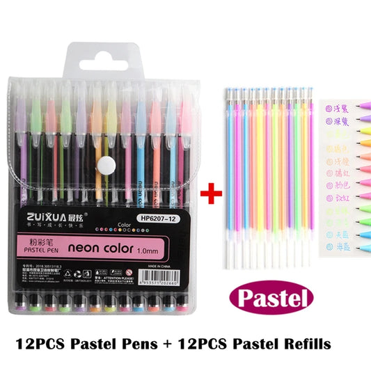 12/24Pcs Metallic Glitter Colors Gel Pens & Pen Refills For School Office Adult Coloring Book Journals Drawing Art Markers