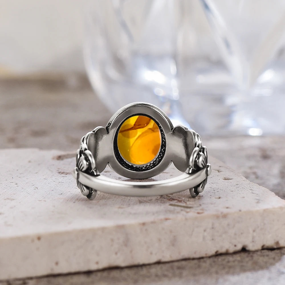 Certified Sterling Silver 925 Petal Amber Ring with Yellow Oval Natural Stone Ring Flower Jewelry Vintage Rings for Women Men