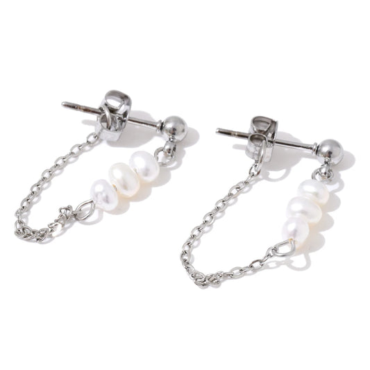 Yhpup 2025 Stainless Steel Natural Pearls Chain Tassel Drop Dangle Earrings for Women Popular Fashion Daily Korean Jewelry