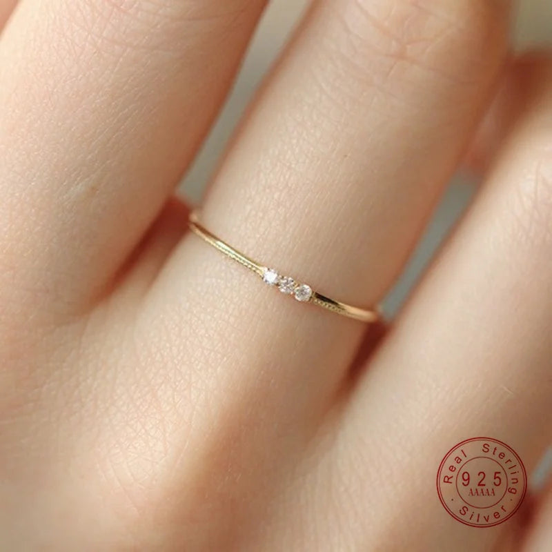  S925 Sterling Silver Plated 14K Gold Sparkling Three Zircon Rings for Women Exquisite Wedding Party Jewelry Accessories