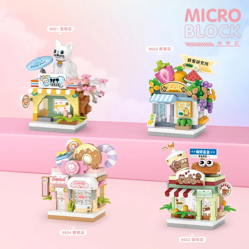 NEW Restaurant Dessert Coffee Pet Fruit Store Street View Food House Building Blocks Kit  Bricks Model Toy