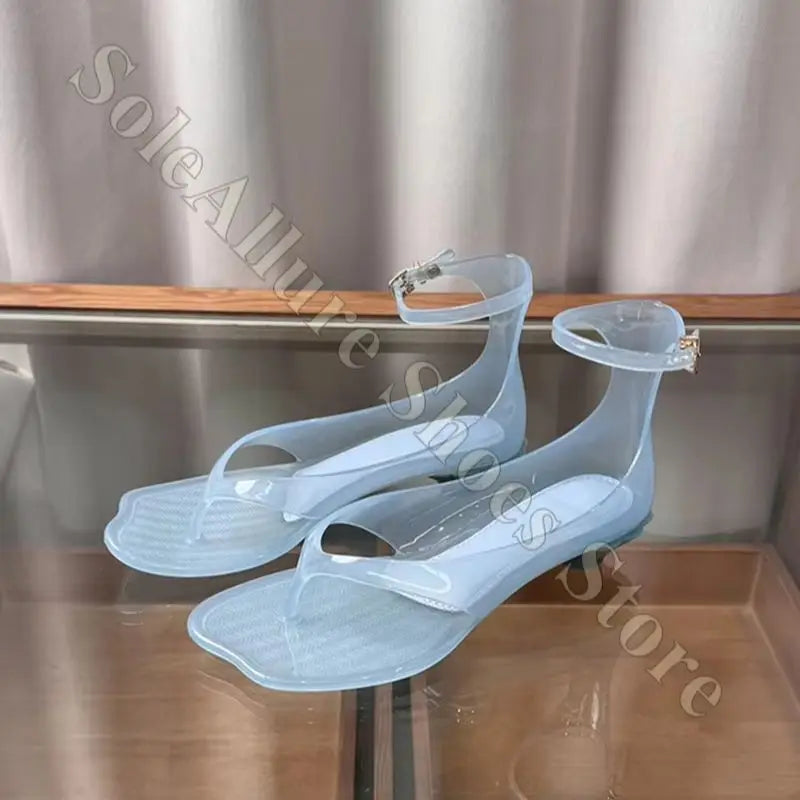 Glitter Jelly Sandals With Ankle Buckle Low Block Heel Thong Style Non Slip For Beach Trips And Summer Events