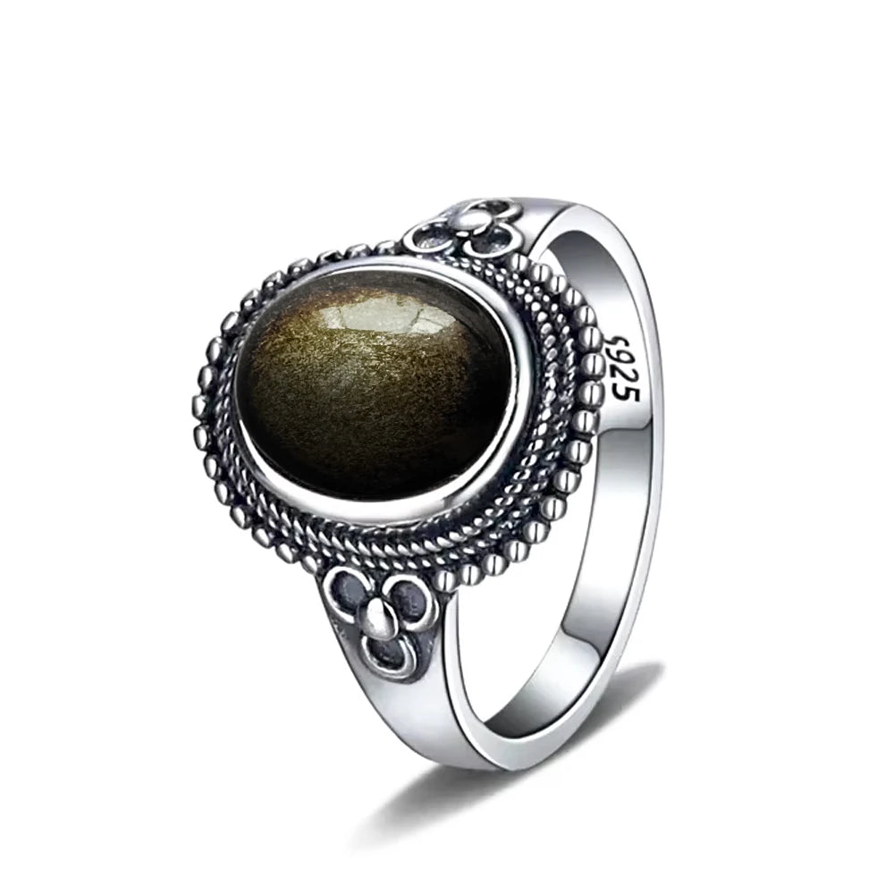 Vintage S925 Sterling Silver Ring Oval Round Natural Obsidian Ring Sun And Flower Shaped Retro Fine Jewelry For Women Men