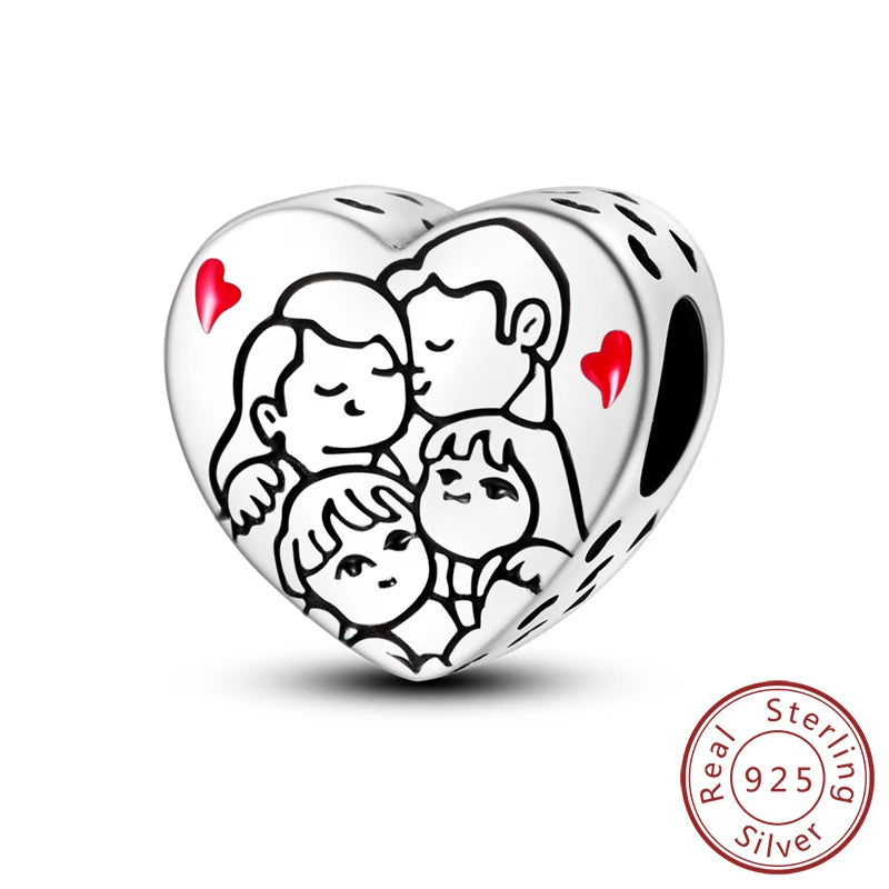 925 Sterling Silver Heart Shape Charm Beads Mother Daughter Family Pet Paw Beads Fit Bracelets Mother's Day Jewelry Gift