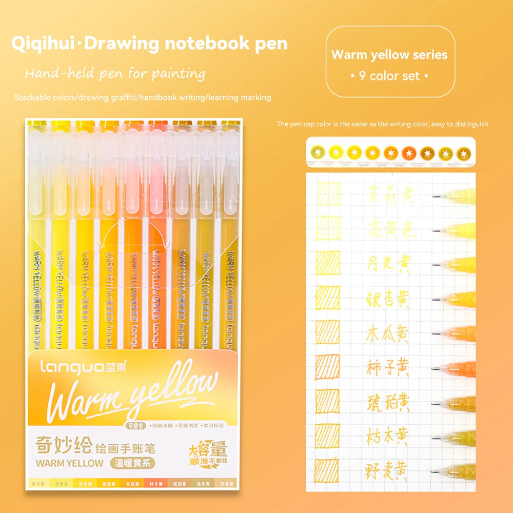 Languo Gel Pen Large Capacity Handbook Pens 6/9Pcs 0.6mm Student Art Diy Doodling Drawing Markers Office Kawaii Art Stationery