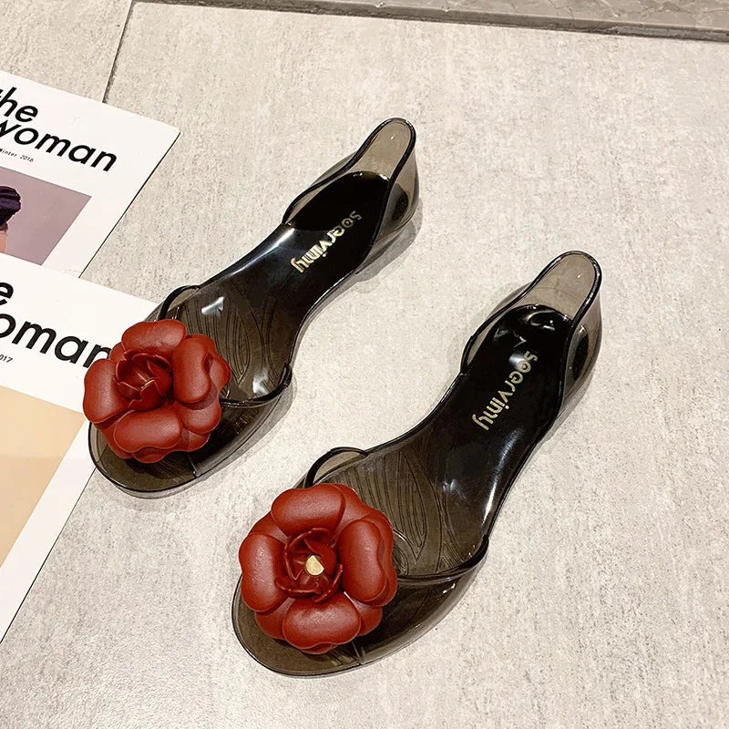 Size 34-41 Womens Flats Sandals Summer Mujer Mules Clogs Flower Jelly Shoes Female Peep Toe Heels Crystal Beach Zapatillas Y31